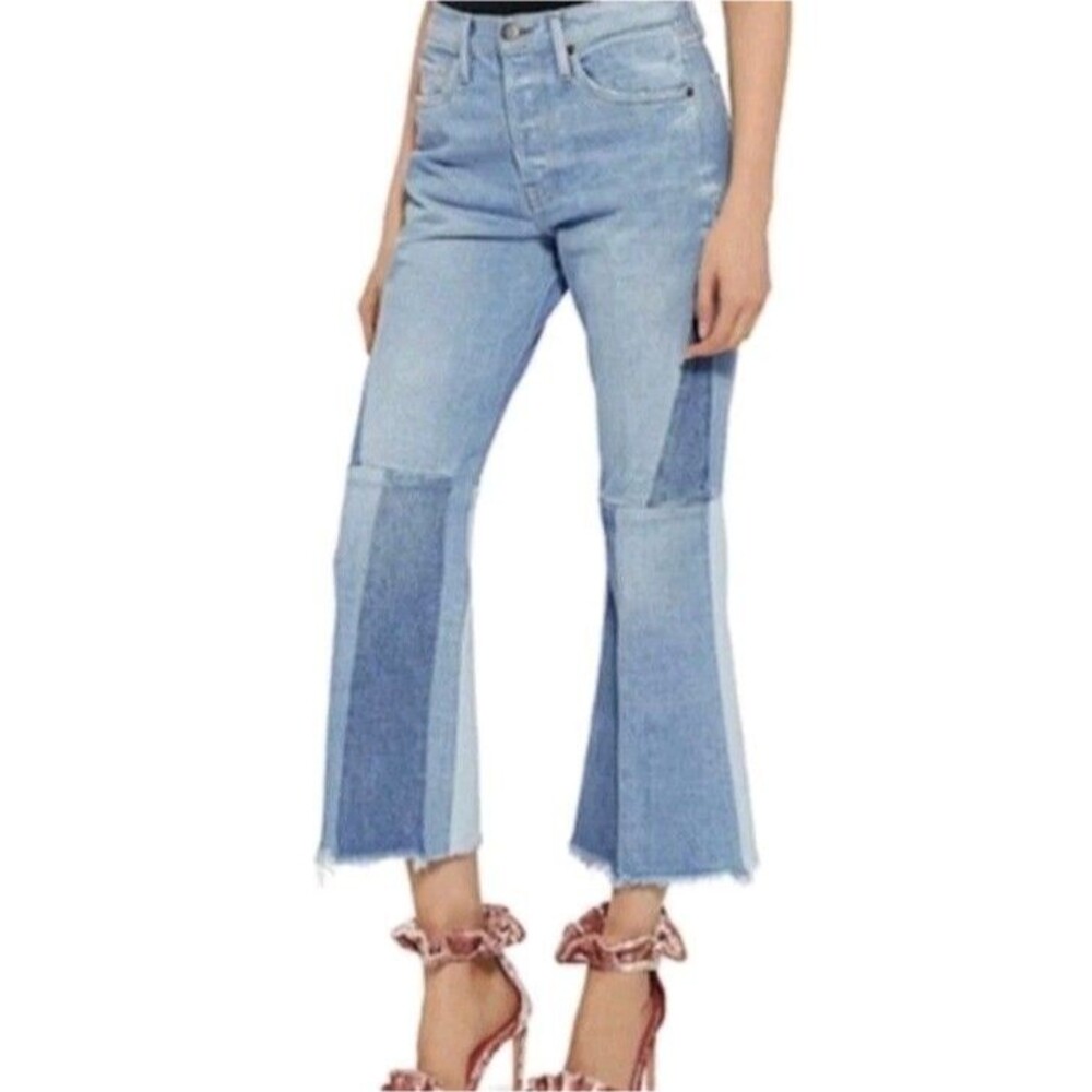 FRAME Hurley Crop Blue Patchwork Jeans 2 Tone Mid Rise Raw Hem Size 28 NWT